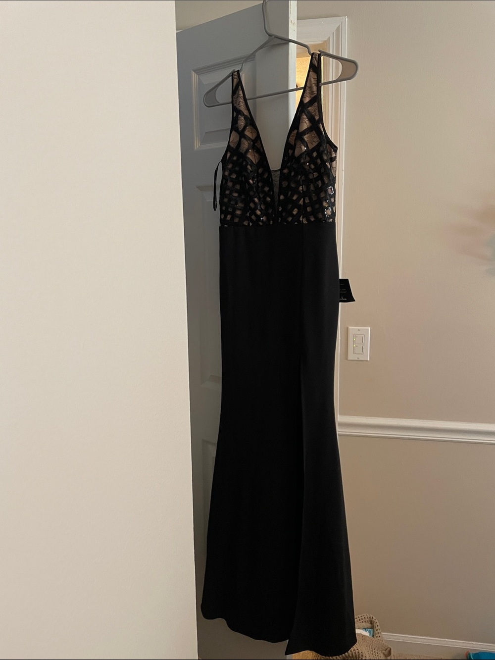 Lulu's Black Plunging V-Neck Prom Gown with Sheer Lattice Bodice